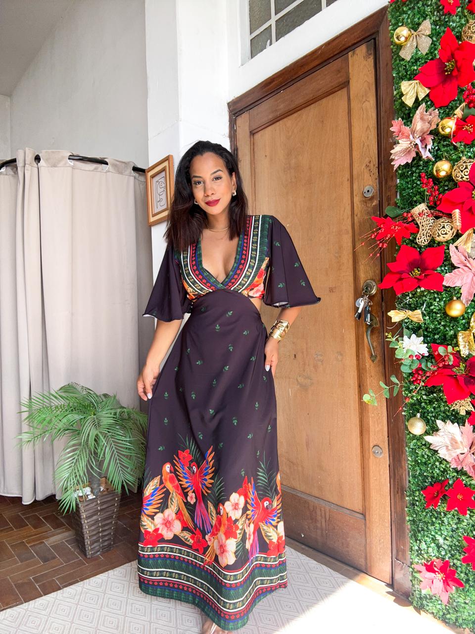 vestido longo estilo farm manga morsego decote