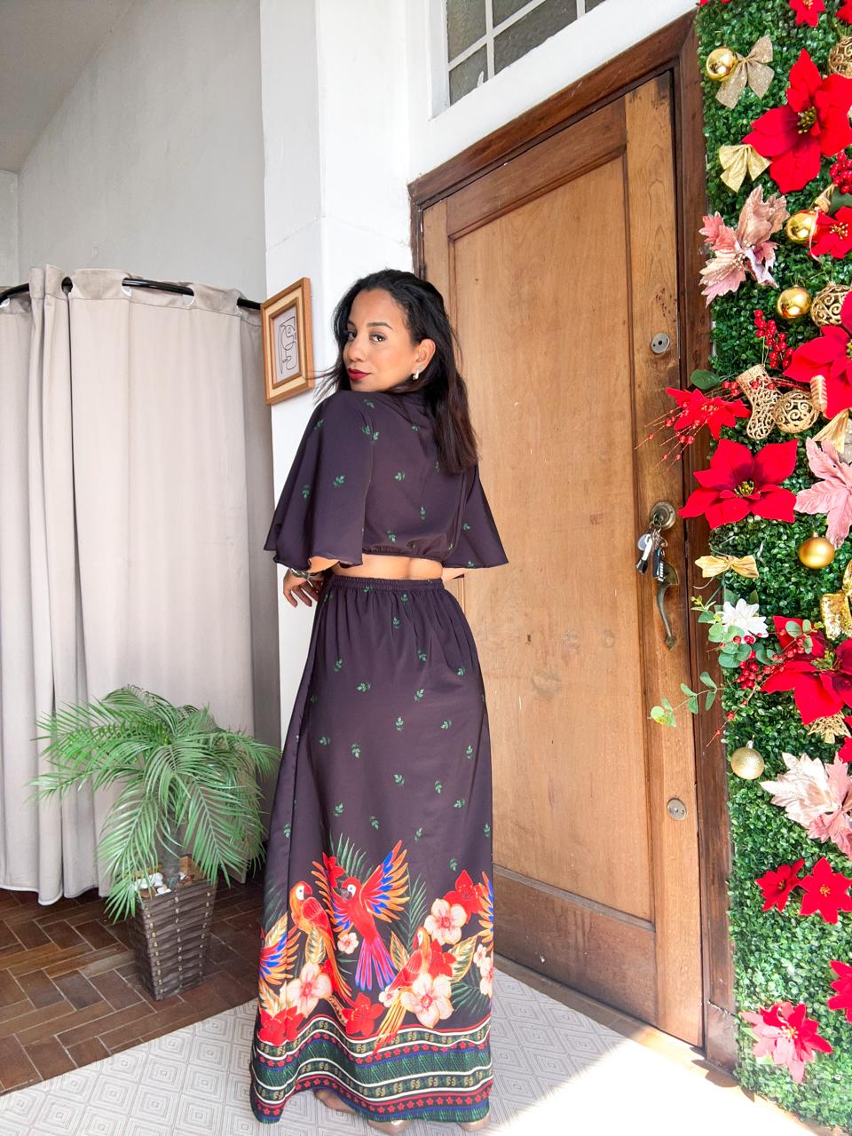 vestido longo estilo farm manga morsego decote