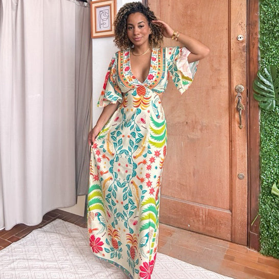 vestido longo estilo farm manga morsego decote