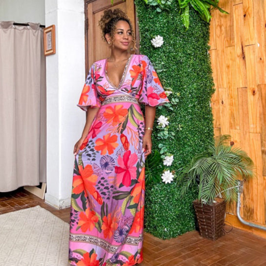 vestido longo estilo farm manga morsego decote