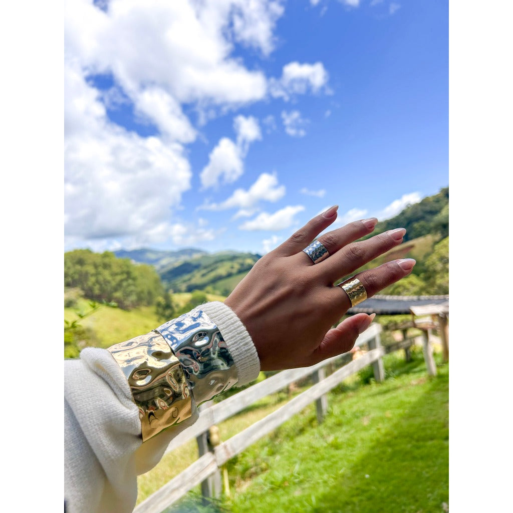 pulseira bracelete metal grosso kit com anel dourado e prata acessórios feminino