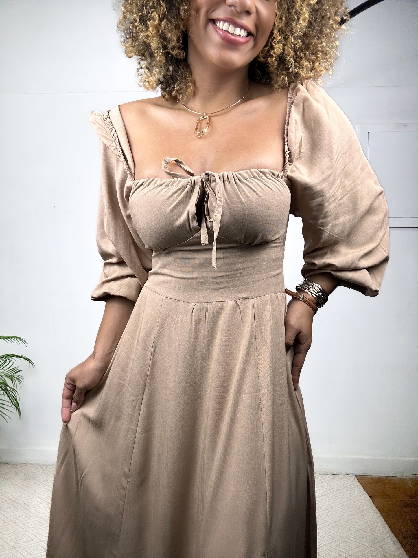 Vestido romântico camponesa manga longa