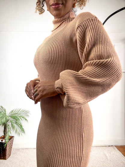 vestido tricô modal mousse manga bufante gola alta