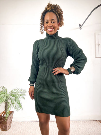 vestido tricô modal mousse manga bufante gola alta