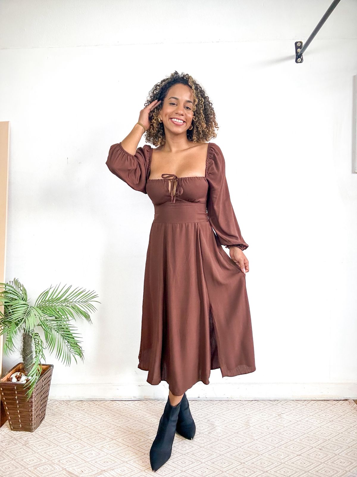 Vestido romântico camponesa manga longa