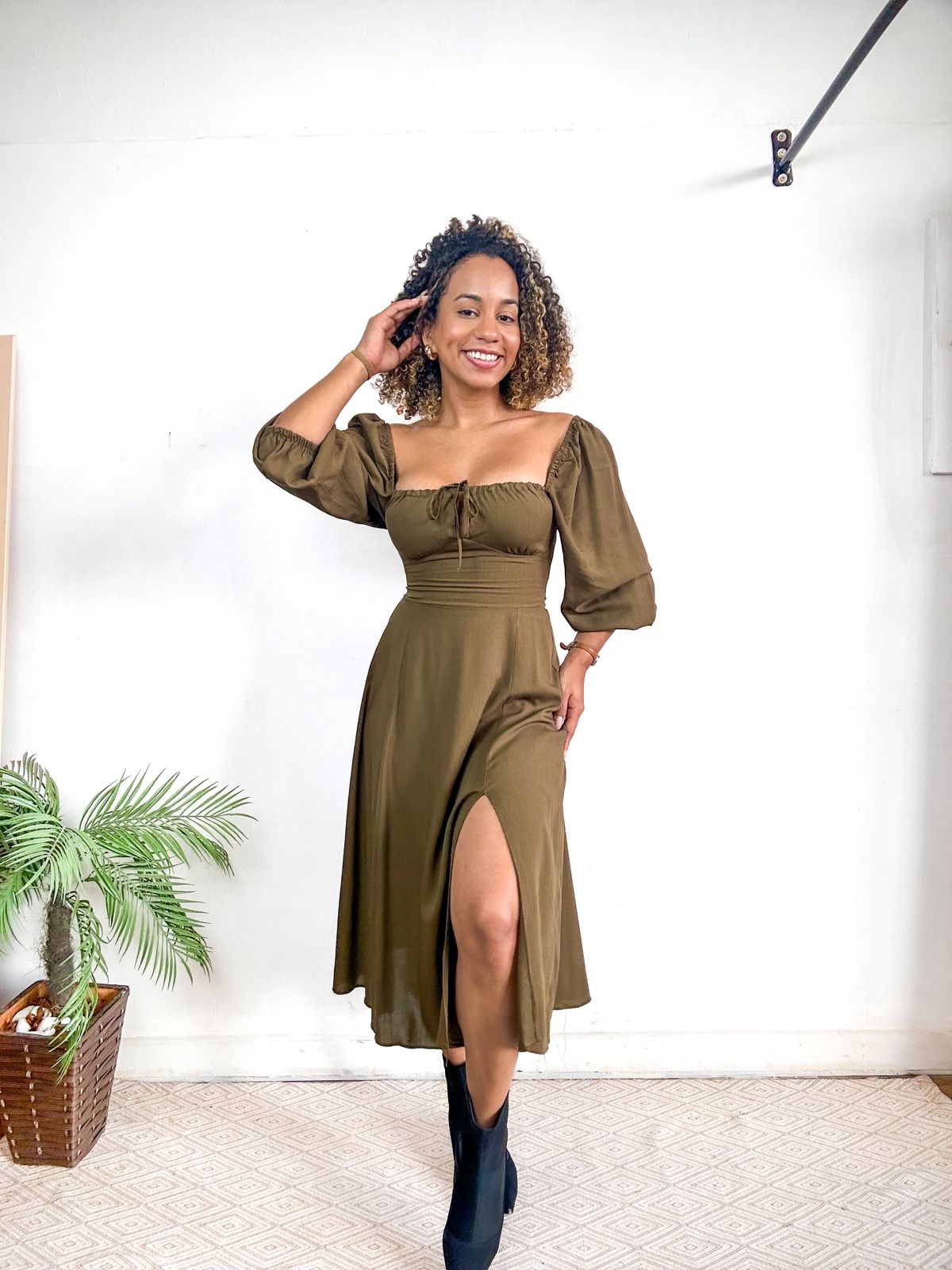 Vestido romântico camponesa manga longa