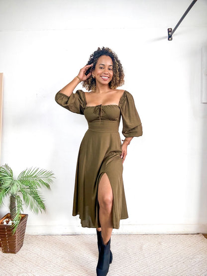 Vestido romântico camponesa manga longa