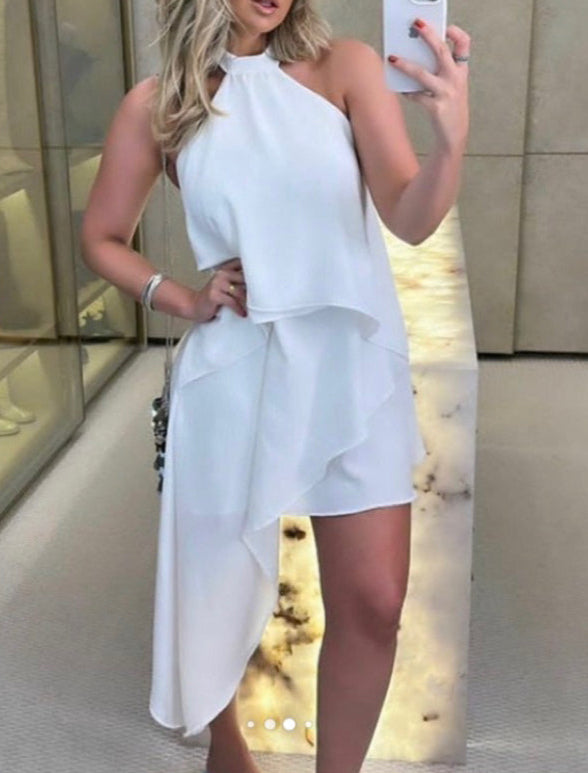 Vestido assimétrico camadas babados