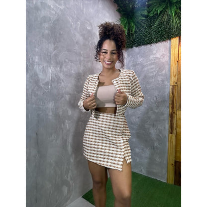 conjunto xadrez lã inverno saia tweed PROMO