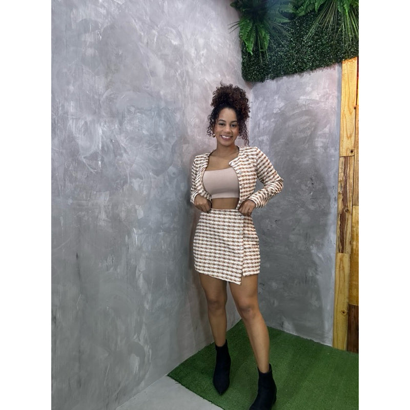 conjunto xadrez lã inverno saia tweed PROMO