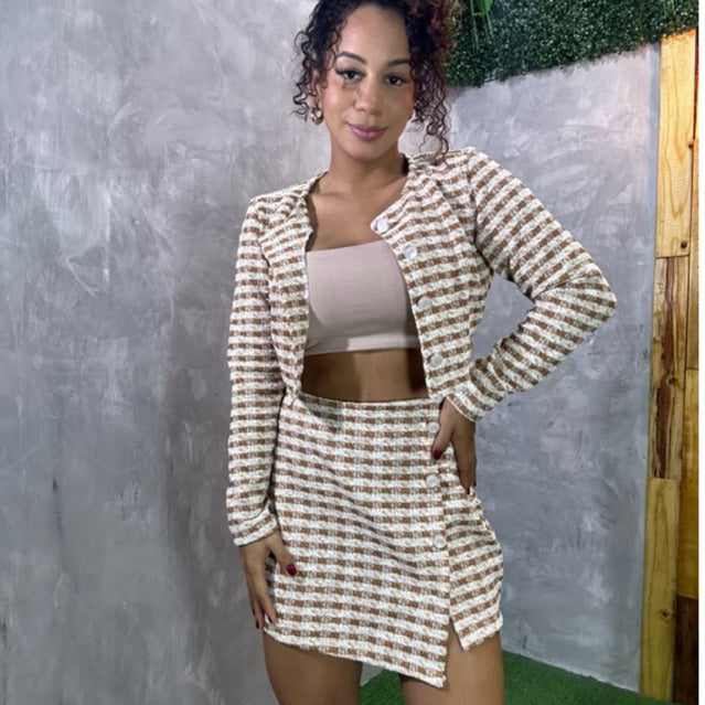 conjunto xadrez lã inverno saia tweed PROMO
