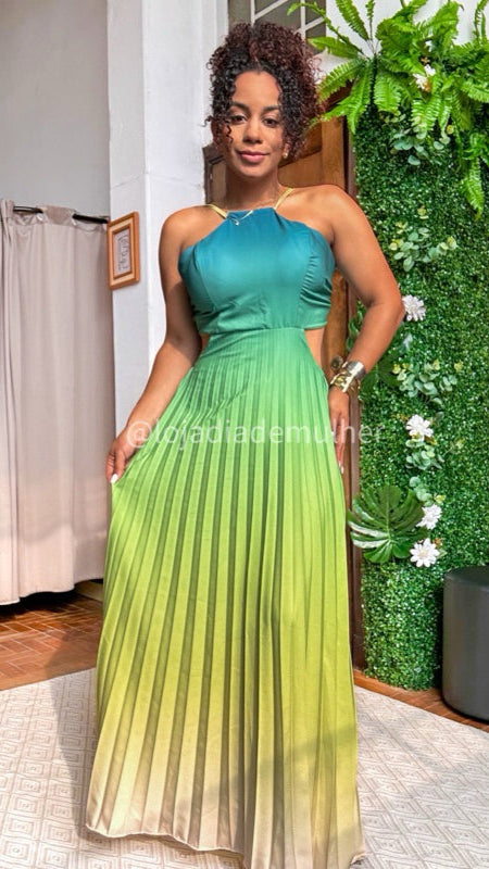 Vestido Longo Plissado Degrade Farm PROMO