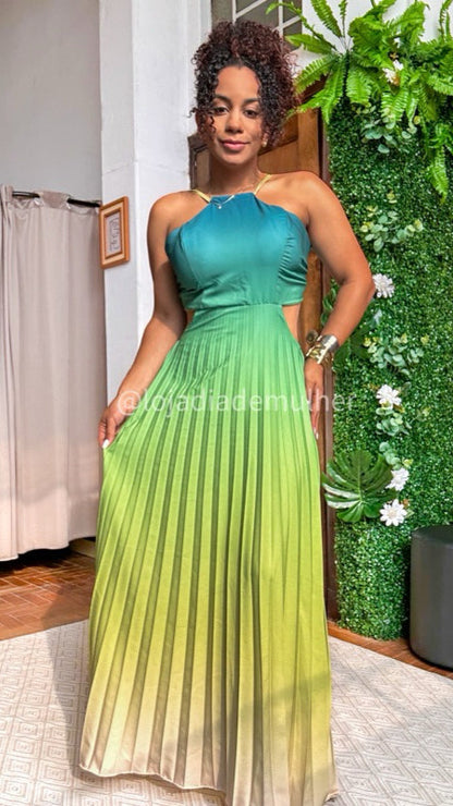 Vestido Longo Plissado Degrade Farm PROMO