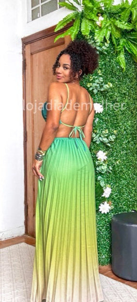 Vestido Longo Plissado Degrade Farm PROMO