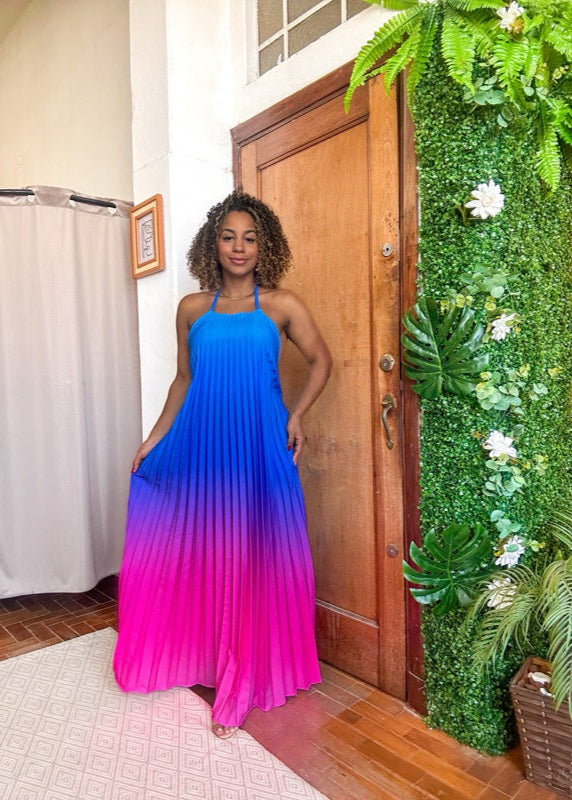 vestido plissado inspiração farm degradê longo PROMO