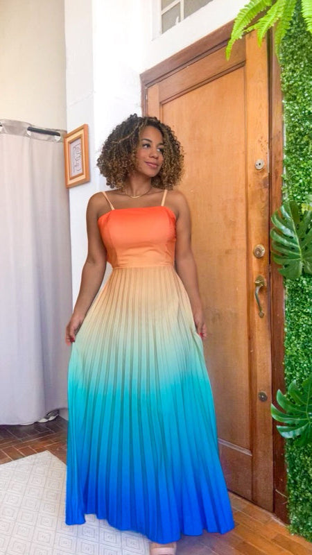 Vestido Longo Plissado Degrade Farm PROMO