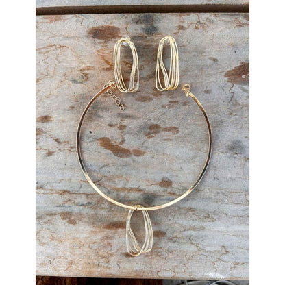 kit conjunto colar+brinco ondulado forma abstrata