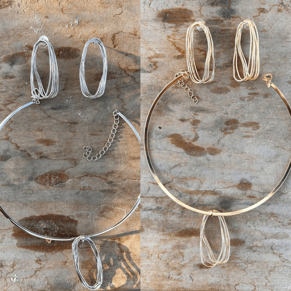 kit conjunto colar+brinco ondulado forma abstrata