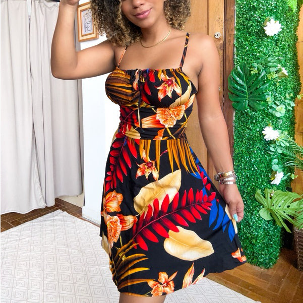 vestido corset romântico curto alça amarração na cintura