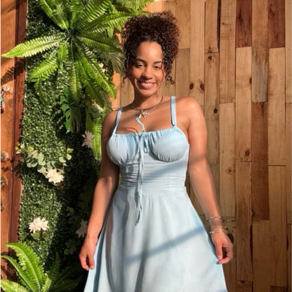 vestido corset romântico curto alça amarração na cintura