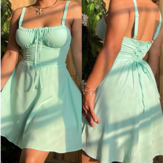 vestido corset romântico curto alça amarração na cintura