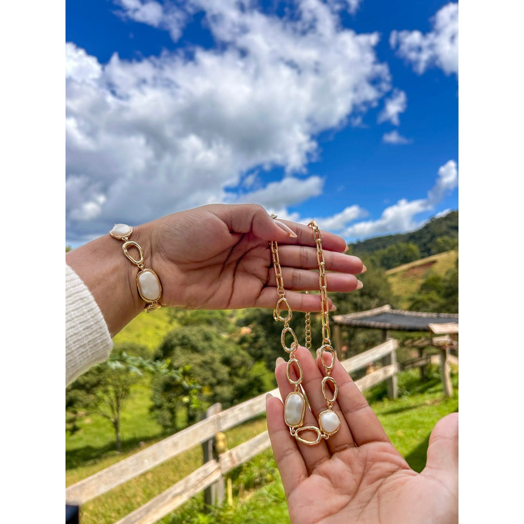 colar e pulseira corrente perola biju feminino acessorios