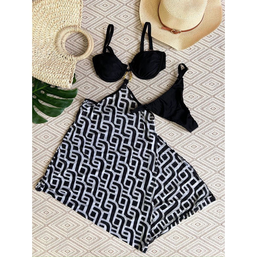 biquini tule saia longa saida de praia 3 pecas fio dental poliamida