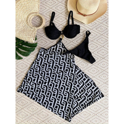 biquini tule saia longa saida de praia 3 pecas fio dental poliamida