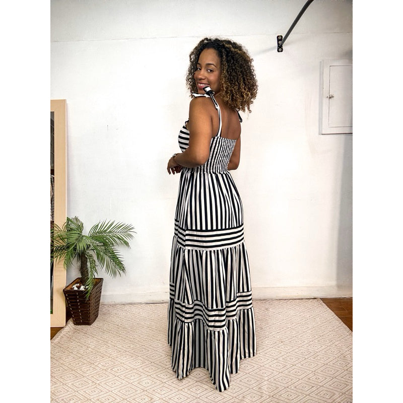 vestido longo listrado alça com laço PROMO