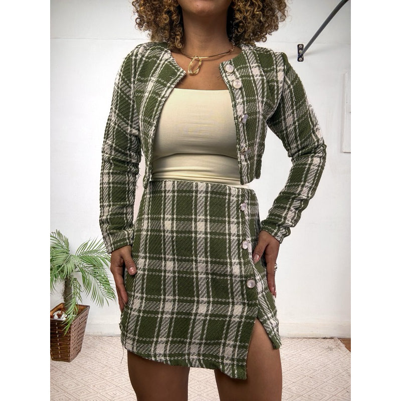 conjunto xadrez lã inverno saia tweed PROMO