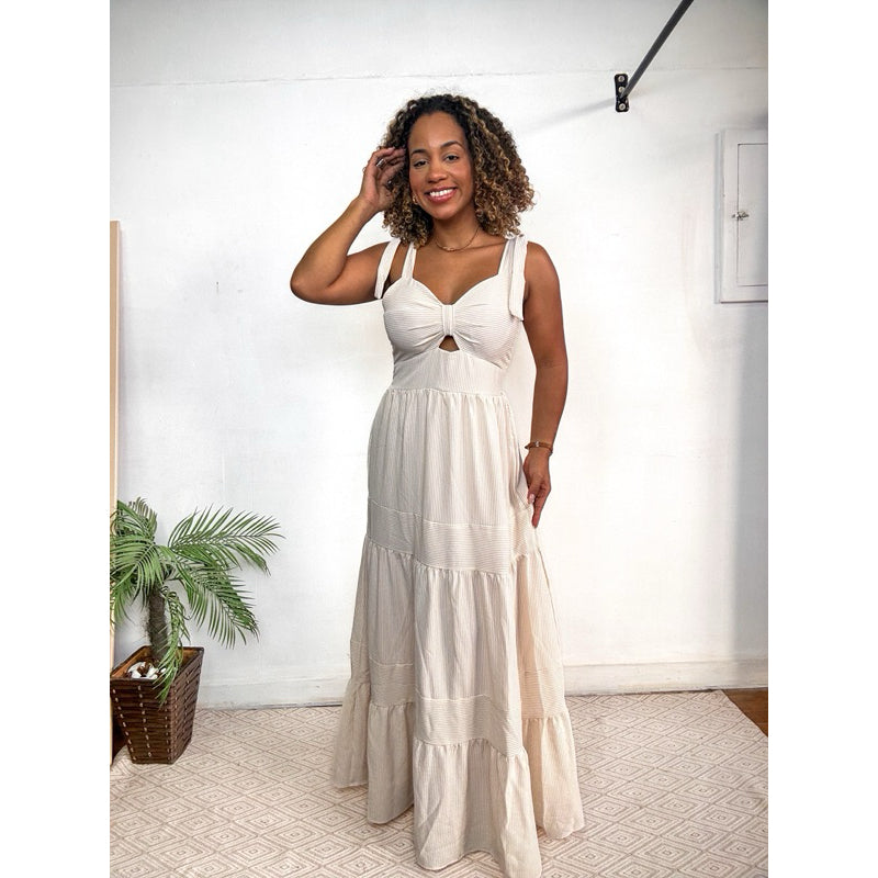 vestido longo listrado alça com laço PROMO