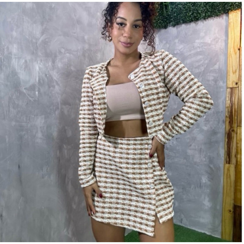 conjunto xadrez lã inverno saia tweed PROMO