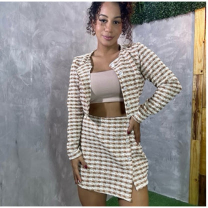 conjunto xadrez lã inverno saia tweed PROMO