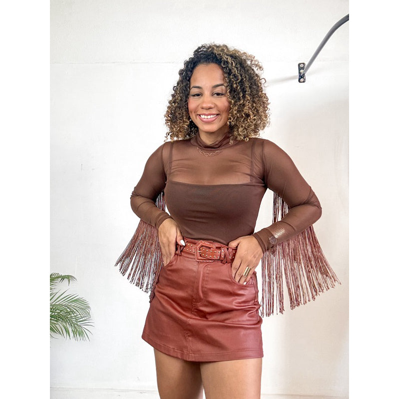 Body tule boiadeira franjas manga longa country