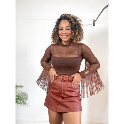 Body tule boiadeira franjas manga longa country
