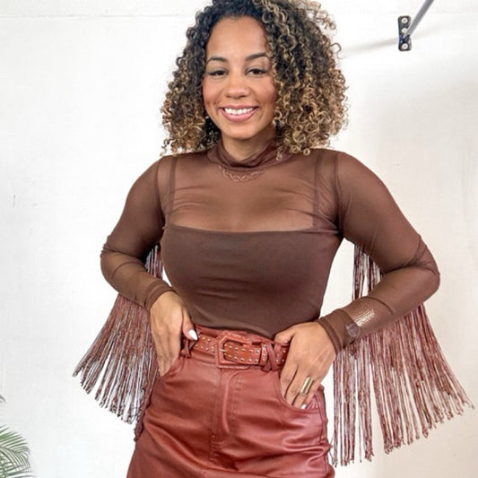 Body tule boiadeira franjas manga longa country