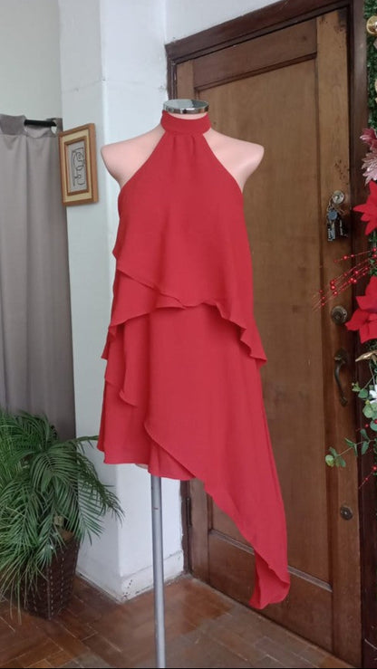 Vestido assimétrico camadas babados